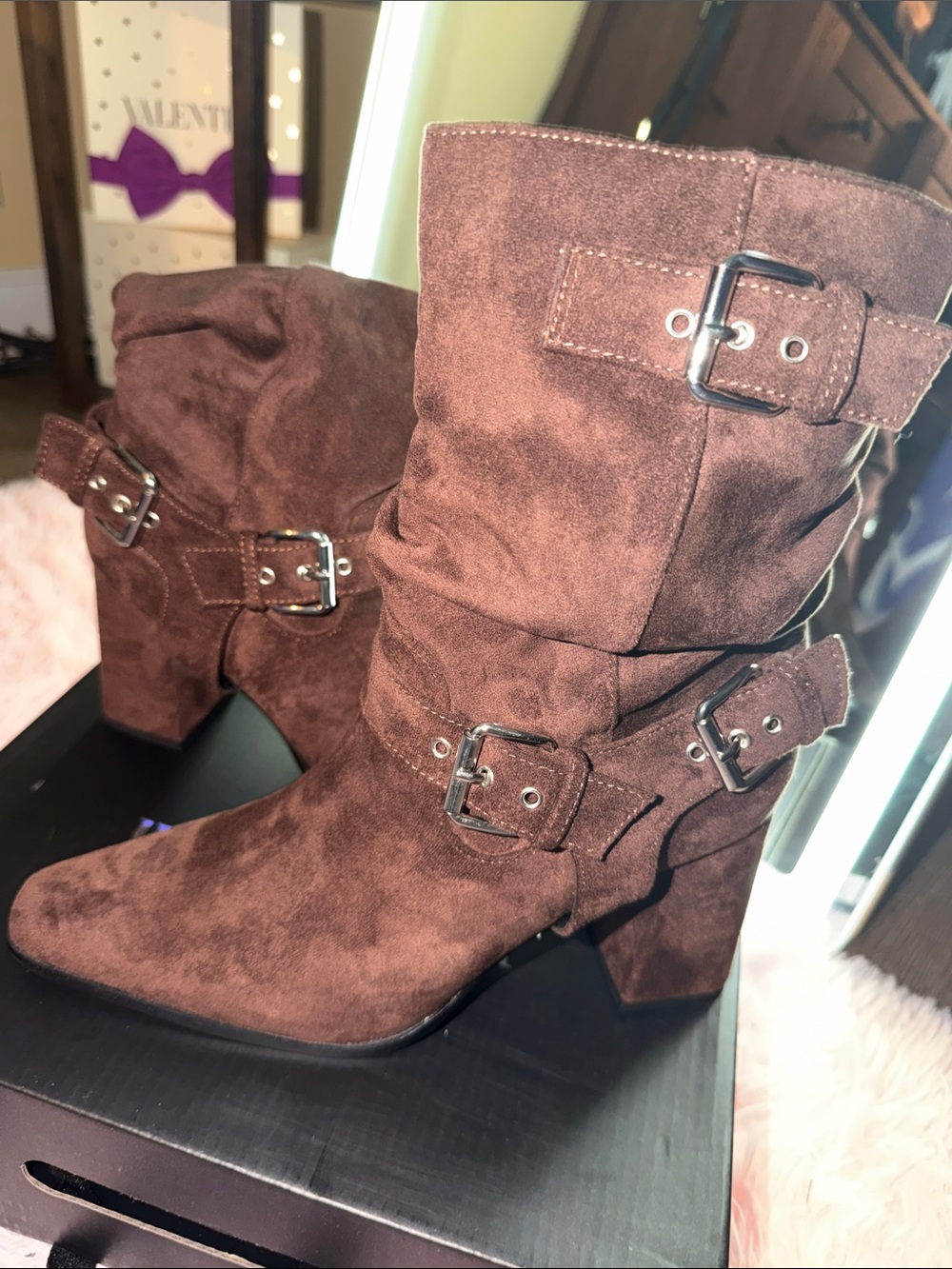 Windsor Brown Suede Buckle Mid-Calf Heeled Boots